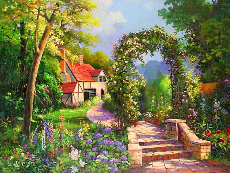 Countryside house, pretty, colorful, house, cottage, stairs, bonito, countryside, nice, painting, village, flowers, art, lovely, spring, sky, paradise, arch, peaceful, summer, garden, HD wallpaper