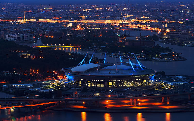 Saint-Petersburg Stadium, Krestovsky Stadium, evening, cityscape, World Champion 2018, Russia 2018, Zenit Arena, city lights, HD wallpaper