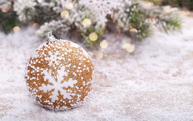 Christmas golden balls, New Year, snow, tree, decoration, background, Happy New Year, HD wallpaper