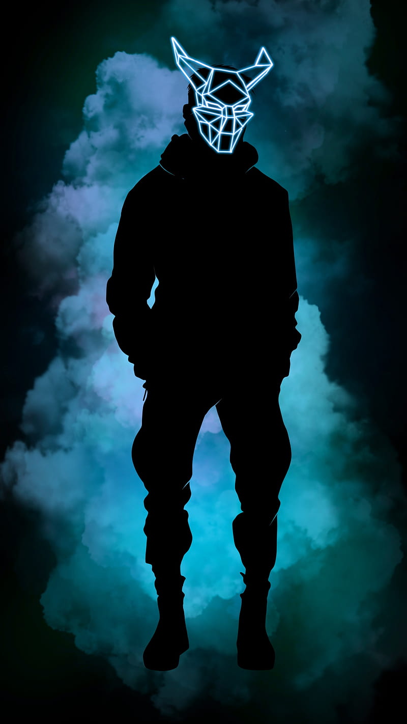 masked boy 04, cloud anonymous, black, blue, cool, dark, demon, face, figure, guy, man, silhouette, HD phone wallpaper