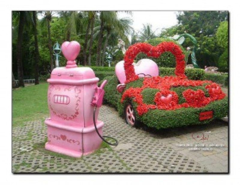 Fill Me Up With Love red, floral car, love, pink gas pump, corazones, abstract, HD wallpaper