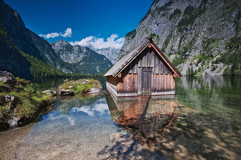 Lake Obersee, Berchtesgaden, Germany, rocks, mountains, cabin, alps, sky, HD wallpaper