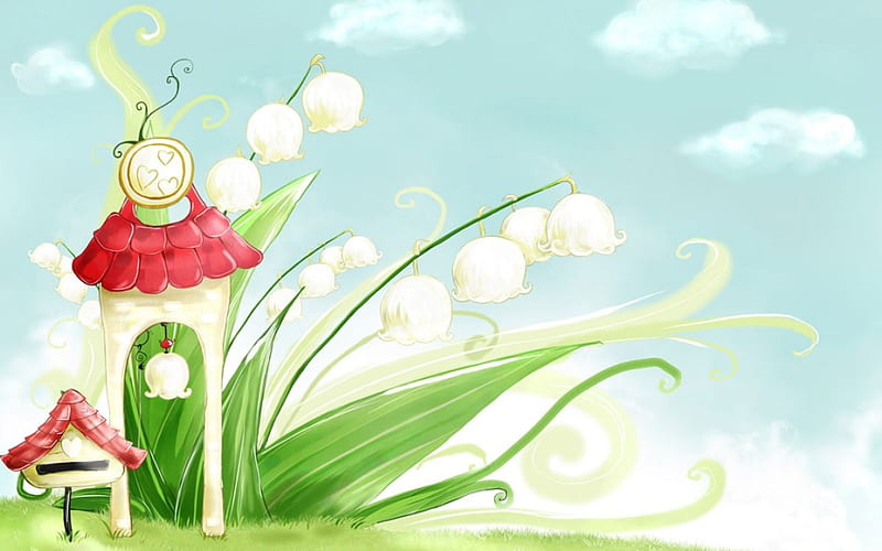Bellflower of Spring, house, garden, spring, clouds, bellflowers, HD wallpaper