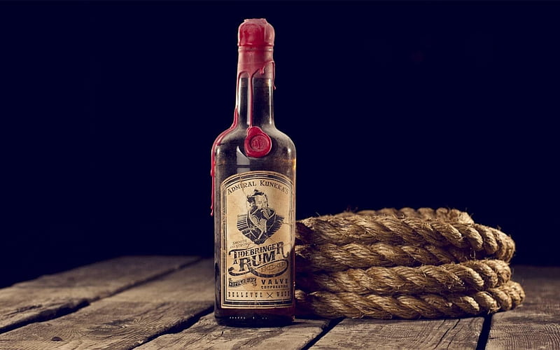 wooden table, a bottle of rum, rope, HD wallpaper