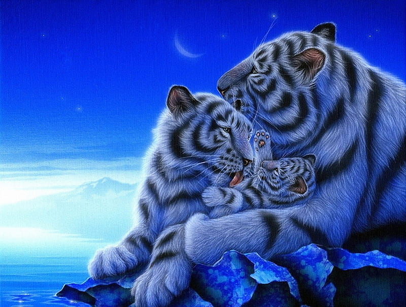 Treasure, tiger, mother, animal, family, art, kentaro nishino, luminos, cute, fantasy, cub, white, blue, HD wallpaper