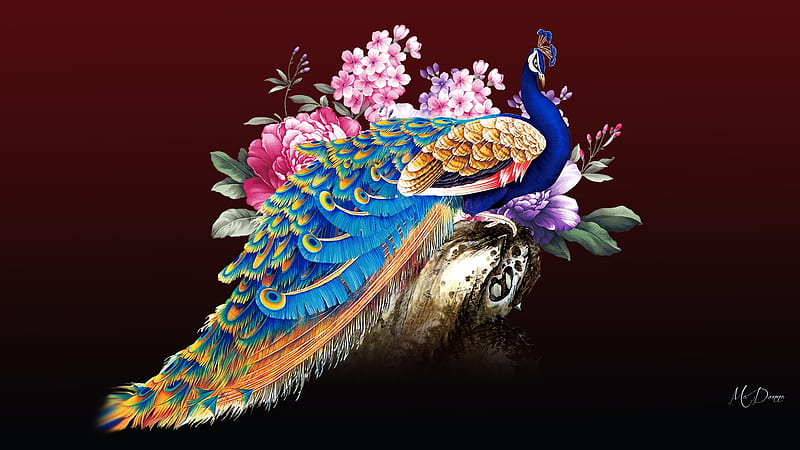 Peacock Florals, bird, peahen, bright, flowers, peacock, floral, flora, coloroful, Oriental, Asian, HD wallpaper