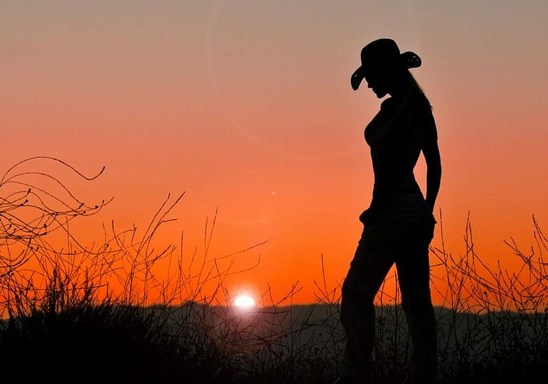 CAWGIRL ON SUNSET, cowboy hat, sillhuette, girl, shadow, woman, HD wallpaper