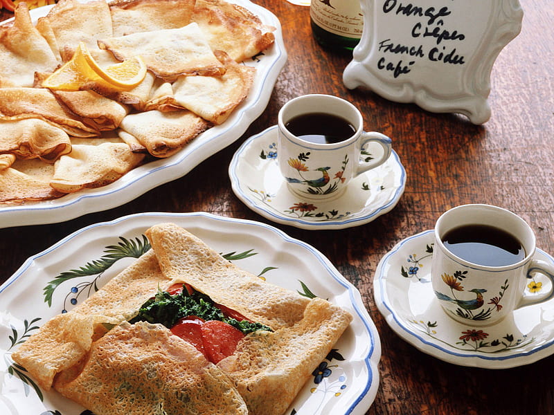 Breakfast, table, coffee, tomatto, food, black coffee, relax, pancakes, HD wallpaper