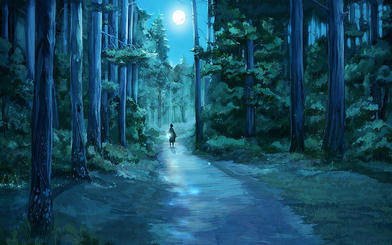 in the forest, forest, grass, trees, sky, alone, moon, girl, anime, sample, way, landscape, light, night, HD wallpaper