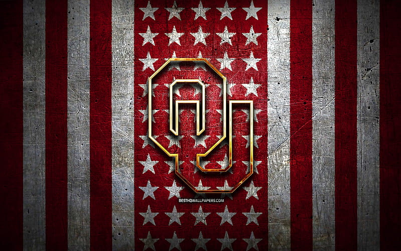Oklahoma Sooners flag, NCAA, red white metal background, american football team, Oklahoma Sooners logo, USA, american football, golden logo, Oklahoma Sooners, HD wallpaper