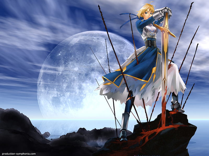 The Last Knight Standing, saber, king, game, black, blood, arturia, fate stay night, gold, moon, anime, spear, sword, knight, HD wallpaper