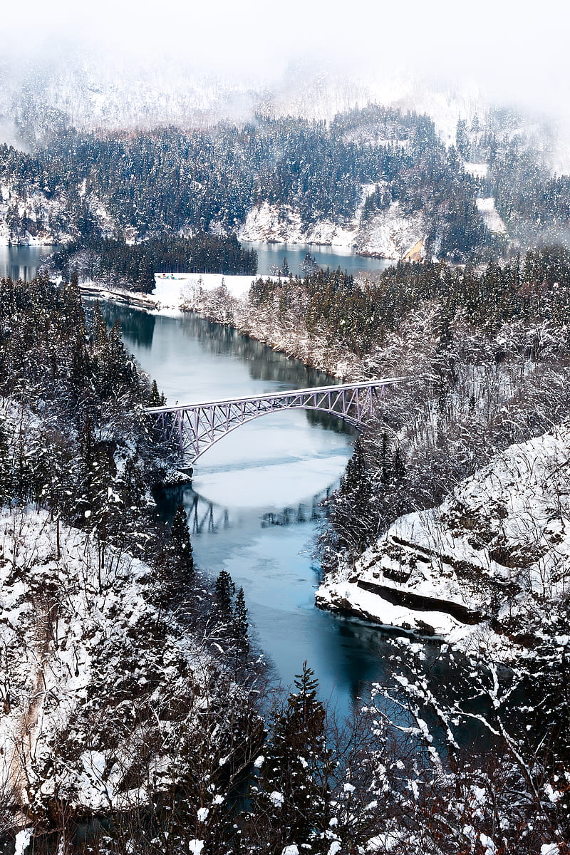 valley, snow, river, japan, bridge, HD phone wallpaper