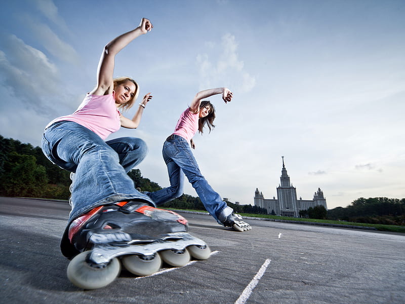 Have fun this weekend!, view from down, womna, roller skates, girl, jeans, close-up, road, pink, couple, blue, HD wallpaper