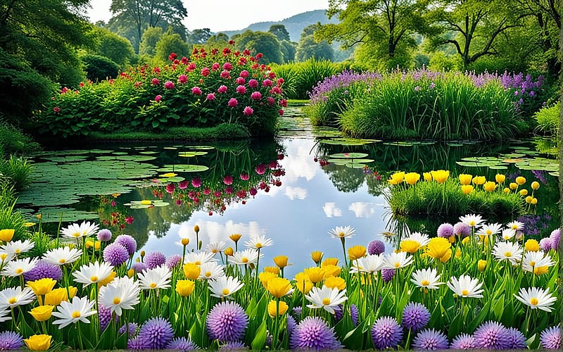 A pond surrounded by a lot of colorful flowers, water, reflections, blossoms, trees, digital, plants, art, HD wallpaper