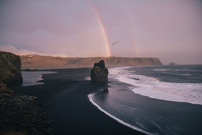beach, rocks, rainbow, waves, sea, HD wallpaper
