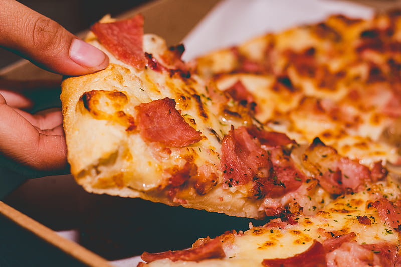 pizza slice, fast food, cheese, mozzarella, ham, Food, HD wallpaper