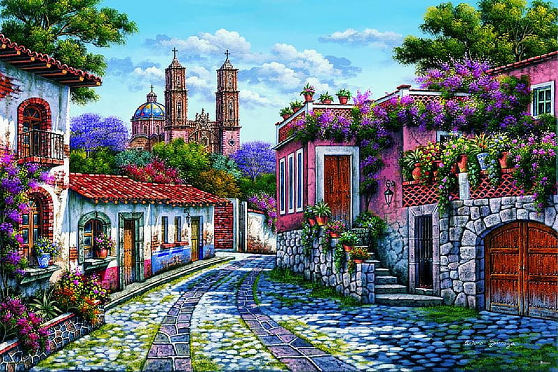 Calle de Taxco, Guerrero, colorful, art, houses, village, church, street, HD wallpaper