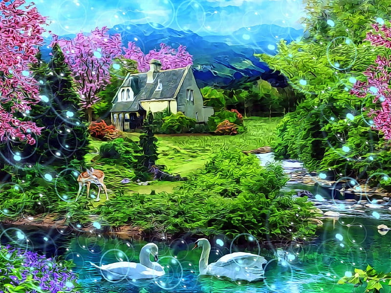 ✿Paradise in the Spring✿, architecture, cottages, gardening, attractions in dreams, digital art, seasons, deer, paintings, landscapes, flowers, lovely flowers, scenery, drawings, animals, wearther, love four seasons, creative pre-made, spring, sky, trees, swans, pond, paradise, plants, gardens and parks, nature, beloved valentines, HD wallpaper