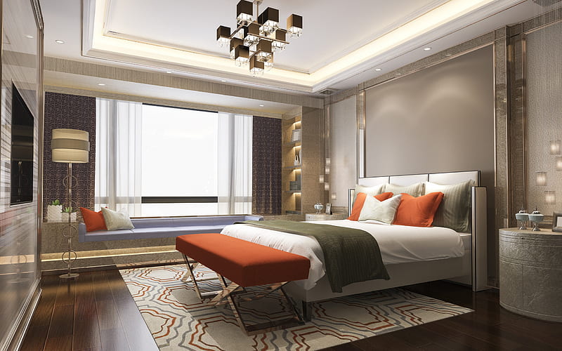 stylish bedroom interior design, classic style, modern design, square chandelier, retro style, bedroom, HD wallpaper