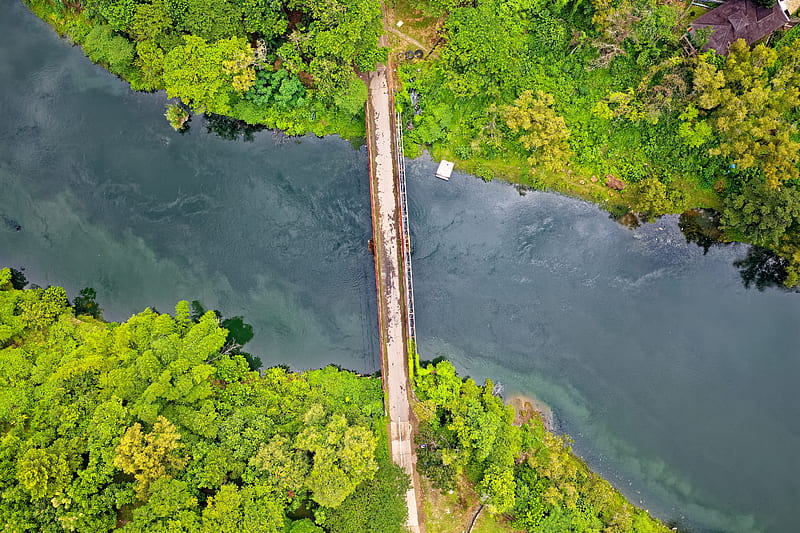 aerial view, bridge, river, drone footage, scenic, green, rural area, Nature, HD wallpaper