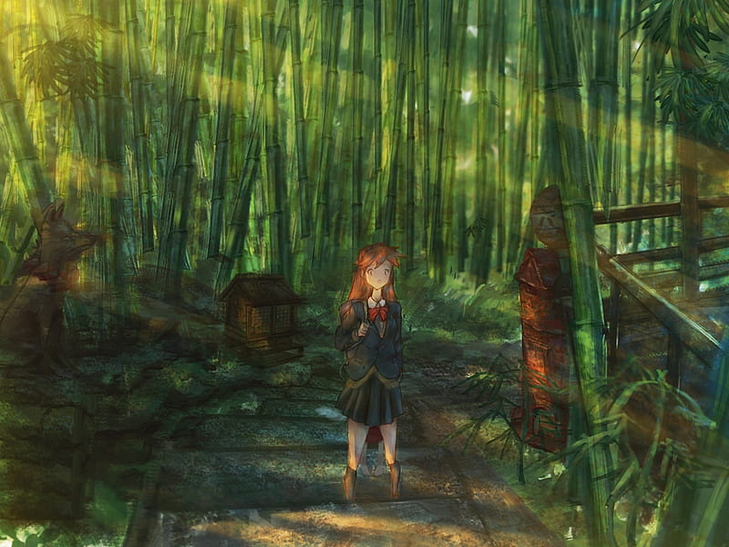 The little boy walked through the bamboo forest with the cows - SeaArt AI