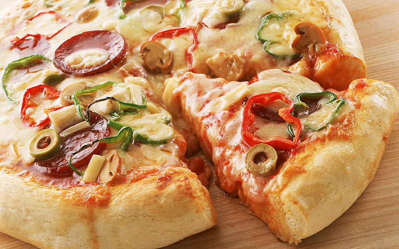 Pizza, food, yeast, cheese, nutrition, pepper, wood, HD wallpaper