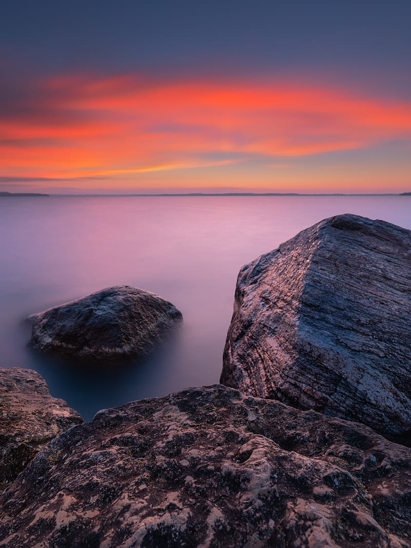 rocks, sea, sunset, sky, horizon, evening, HD phone wallpaper