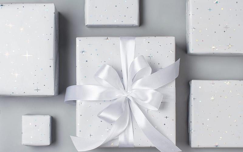 white gifts boxes, white silk bows, white silk ribbons, gifts, gifts background, HD wallpaper