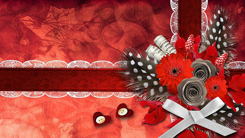 Red Royalty, red, buttons, flowers, velvet, lace, ribbon, bow, collage, roses, abstract, corazones, leaves, Valentines Day, flowers, paper, feathers, HD wallpaper