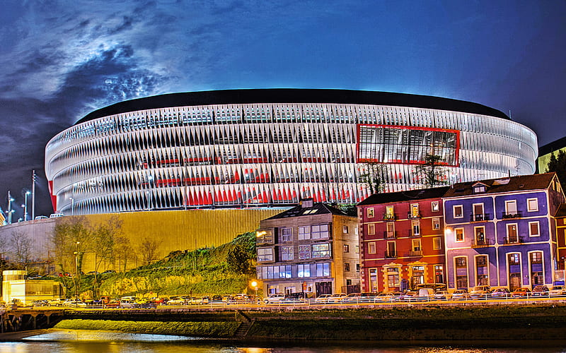 San Mames Stadium, Spanish Football Stadium, Bilbao, Spain, evening, modern sports arenas, Athletic Bilbao Stadium, HD wallpaper