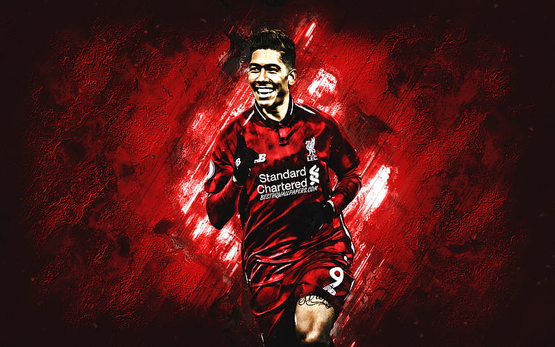 Roberto Firmino, Liverpool FC, Brazilian footballer, attacking midfielder, Liverpool 2020 football players, red stone background, HD wallpaper