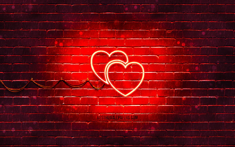 Two Hearts neon icon red background, neon symbols, Two Hearts, neon icons, Two Hearts sign, love signs, Two Hearts icon, love icons, love concepts, HD wallpaper
