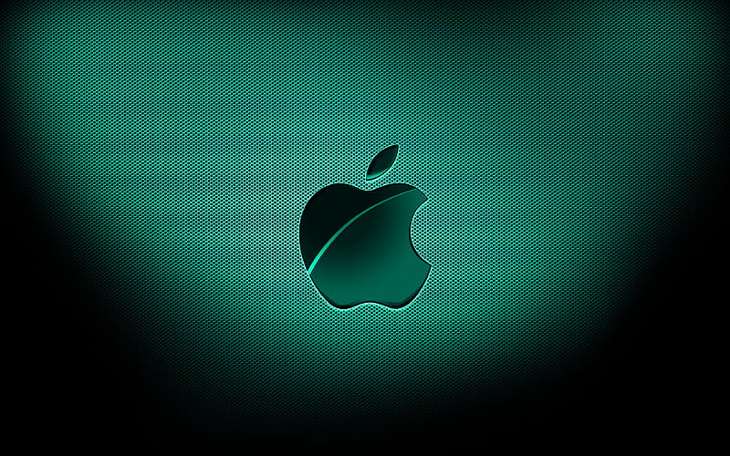 Apple turquoise logo, turquoise grid backgrounds, brands, Apple logo, grunge art, Apple, HD wallpaper