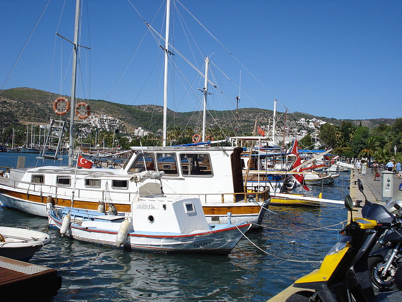 Bodrum Turkiye, bodrum, boats, scaffolding, turkiye, sea, blue, HD wallpaper