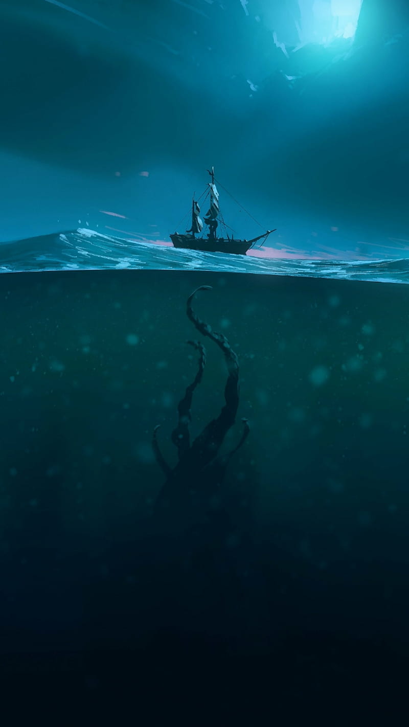 Beneath, boat, cthulu, horror, monster, nature, ocean, scary, world, HD phone wallpaper