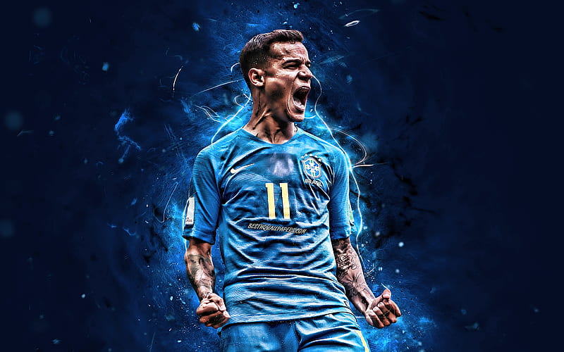 Coutinho, goal, blue uniform, Brazil National Team, joy, Philippe Coutinho, soccer, footballers, neon lights, football stars, abstract art, Brazilian football team, HD wallpaper