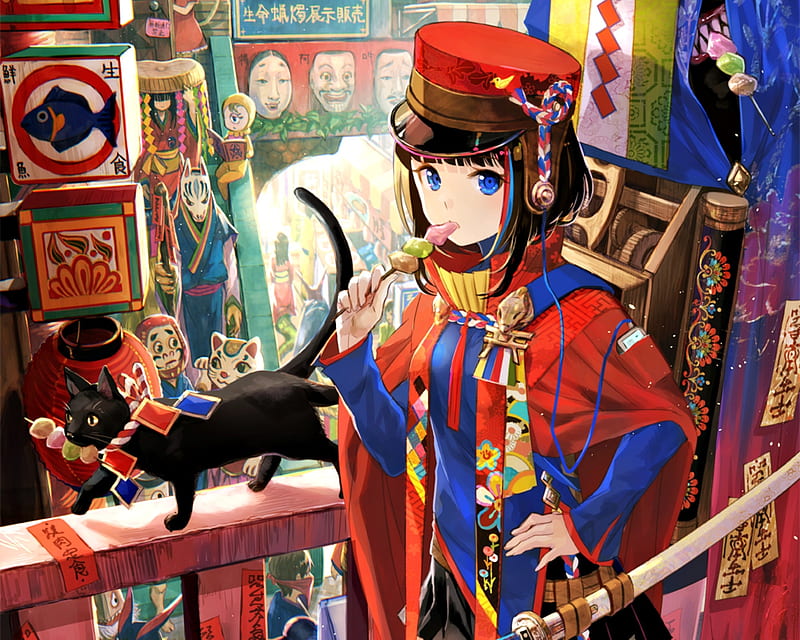Girl and cat, red, colorful, fuji chocko, manga, black, cat, girl, anime, blue, HD wallpaper