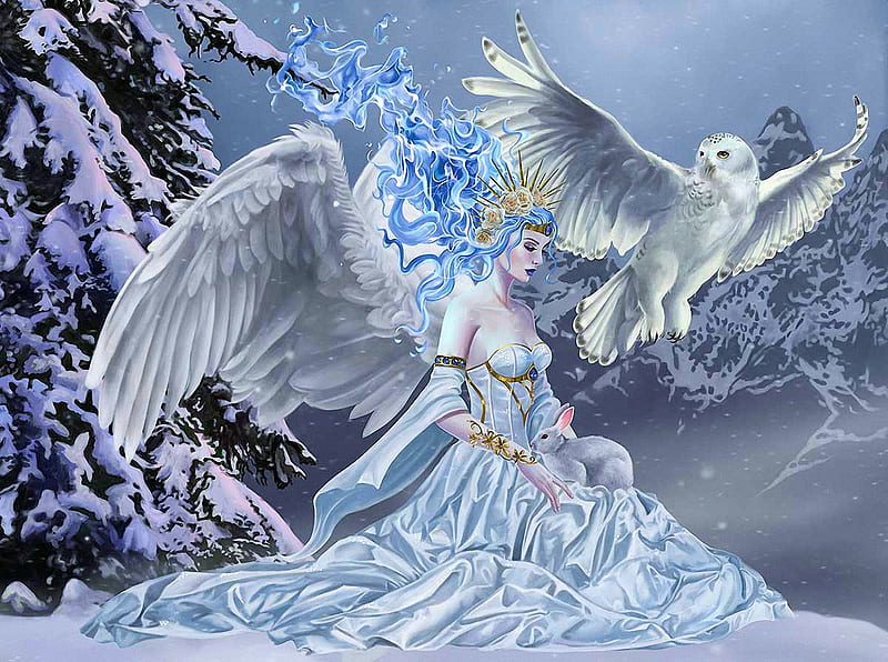 Spirit of Winter, owl, art, wings, snow, angel, digital, HD wallpaper