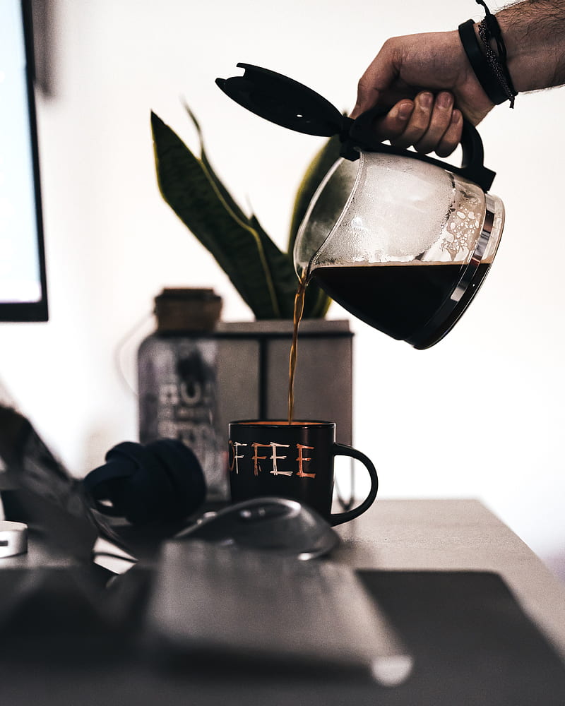 coffee, drink, mug, kettle, hand, HD phone wallpaper
