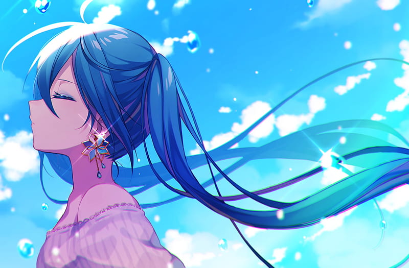 hatsune miku, closed eyes, profile view, vocaloid, clouds, Anime, HD wallpaper