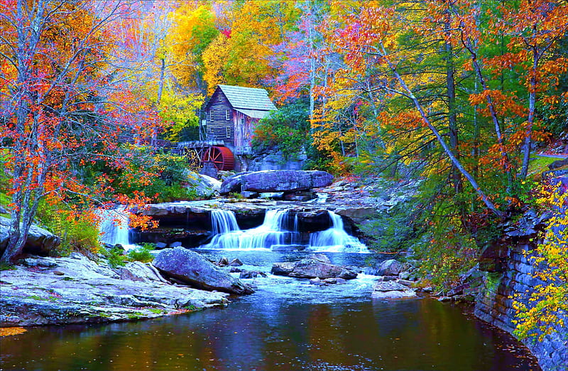 Watermill in Late Autumn, forest, fall, leaves, colors, river, cascade, trees, HD wallpaper