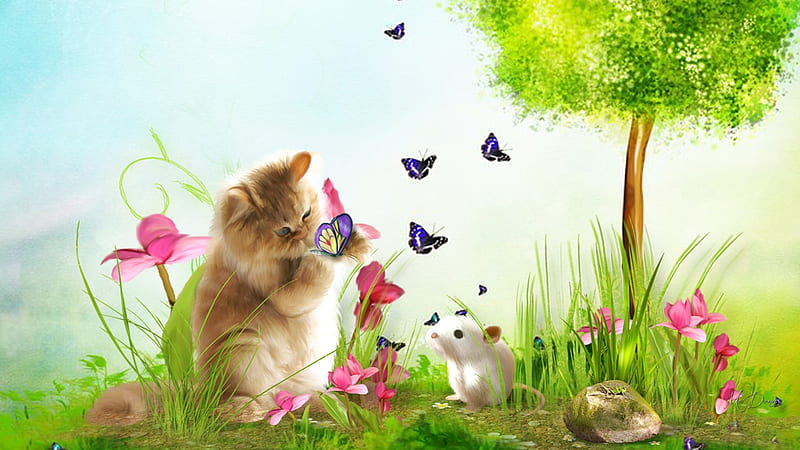 Cat & Mouse, Firefox theme, grass, kitty, butterflies, cat, feline, mouse, garden, flowers, kitten, field, HD wallpaper