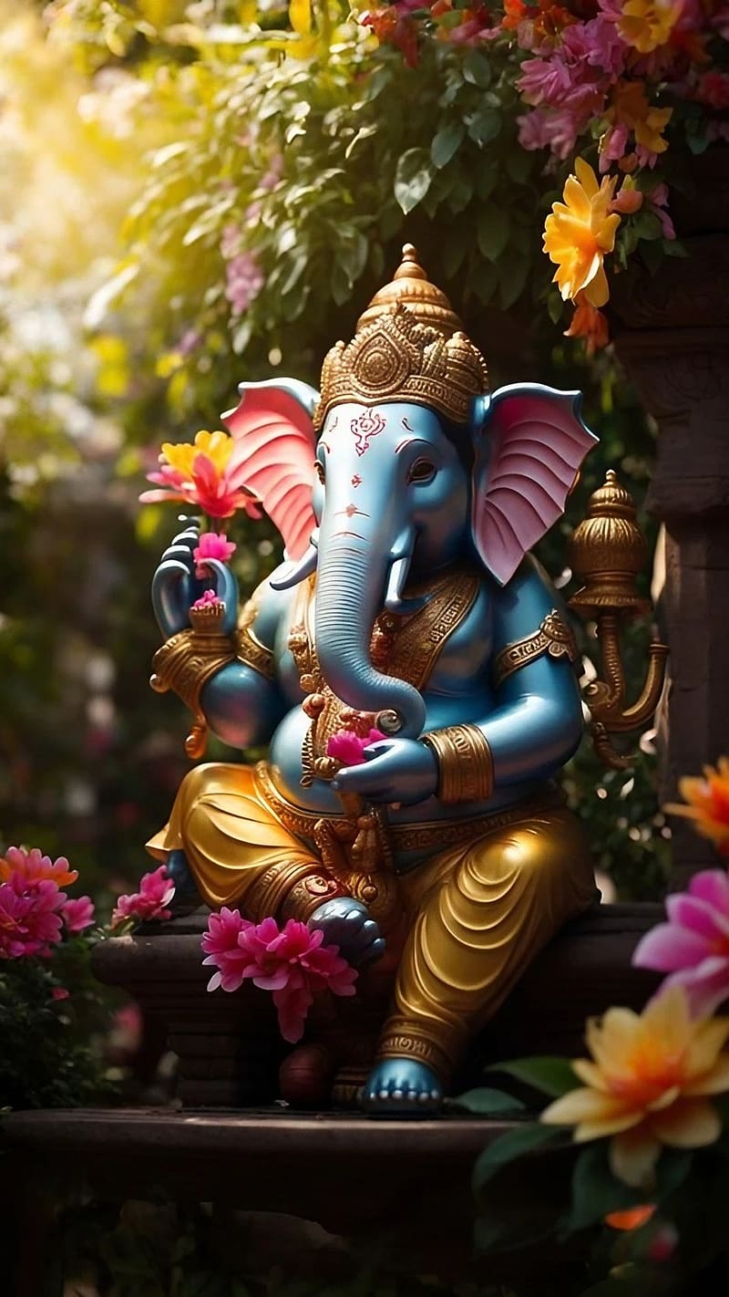 Ganpati Cute, Flowers Background, hindu god, bhakti, devotional, HD phone wallpaper