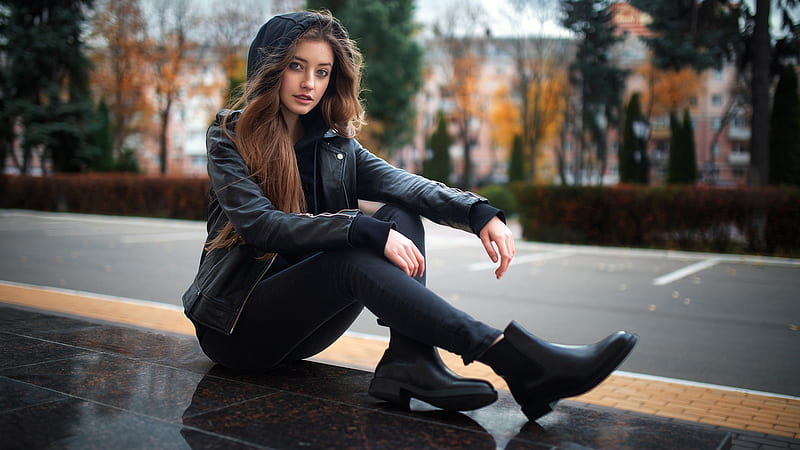 Girl Model Is Sitting On Mosaic Pavement Wearing Black Jacket In Blur Green Yellow Trees Background Girls, HD wallpaper