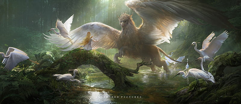 Griffin, wings, fantasy, luminos, girl, griphon, flint chen, creature, HD wallpaper