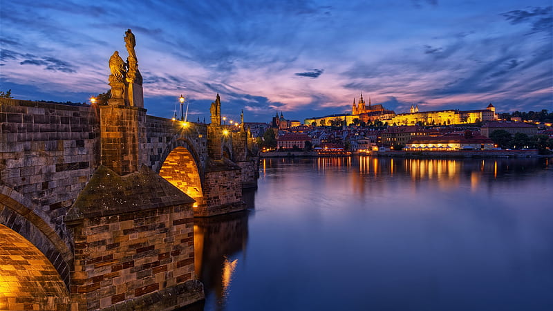 Czech Republic Charles Bridge In Prague During Dusk Evening Travel, HD wallpaper