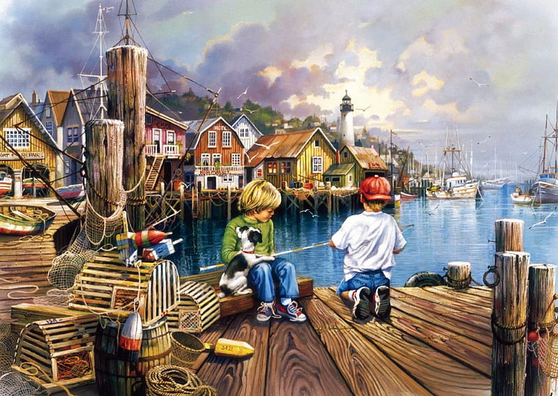 Gone Fishing, ships, houses, pier, children, artwork, lighthouse, harbor, HD wallpaper