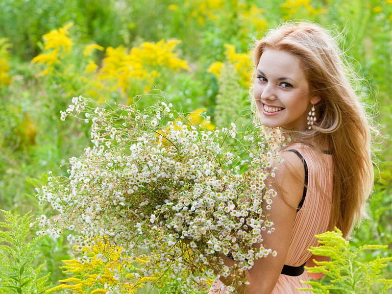 Summer Girl Smiling, girl, model, flowers, blonde, smile, mood, HD ...