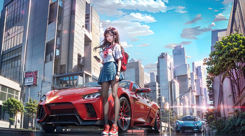 Urban Day Anime School Girl Sneakers With Cars , anime-girl, anime, artist, artwork, digital-art, HD wallpaper
