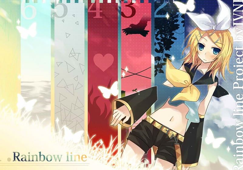 Rainbow Line, vocaloid, colorful, anime, heart, butterflies, rin kagamine, HD wallpaper Rainbow Line, vocaloid, colorful, anime, heart, butterflies, rin kagamine, HD wallpaper
